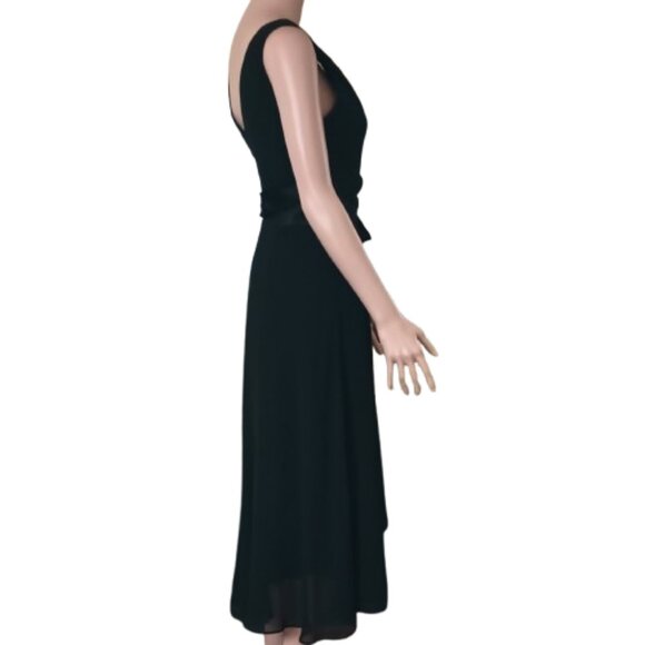 Rena Rowan Midi Cocktail Dress 10 Faux Wrap Black Sheer Chiffon Satin Bow - Picture 11 of 14